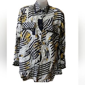 Vintage Surya Crazy Bold Loud Print  Horoscope Beaded Button Up Blouse Small